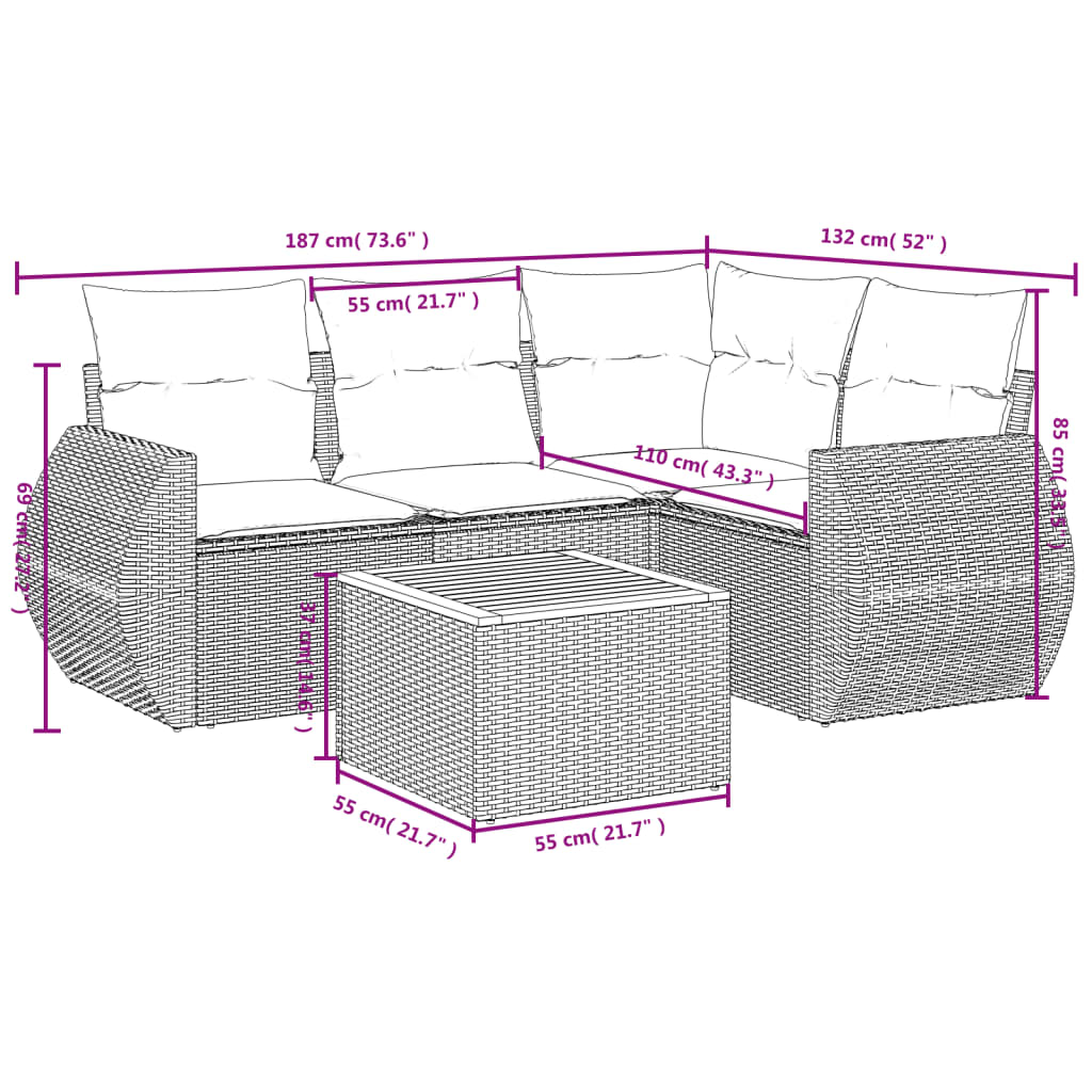 5-delige Loungeset met kussens poly rattan zwart is nu te koop bij PeponiXL, paradijselijk wonen!
