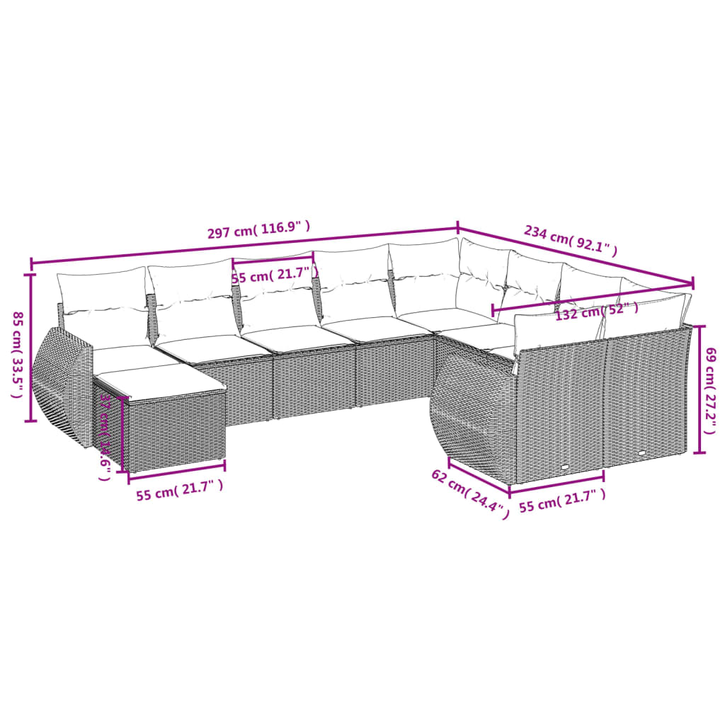 10-delige Loungeset met kussens poly rattan grijs is nu te koop bij PeponiXL, paradijselijk wonen!