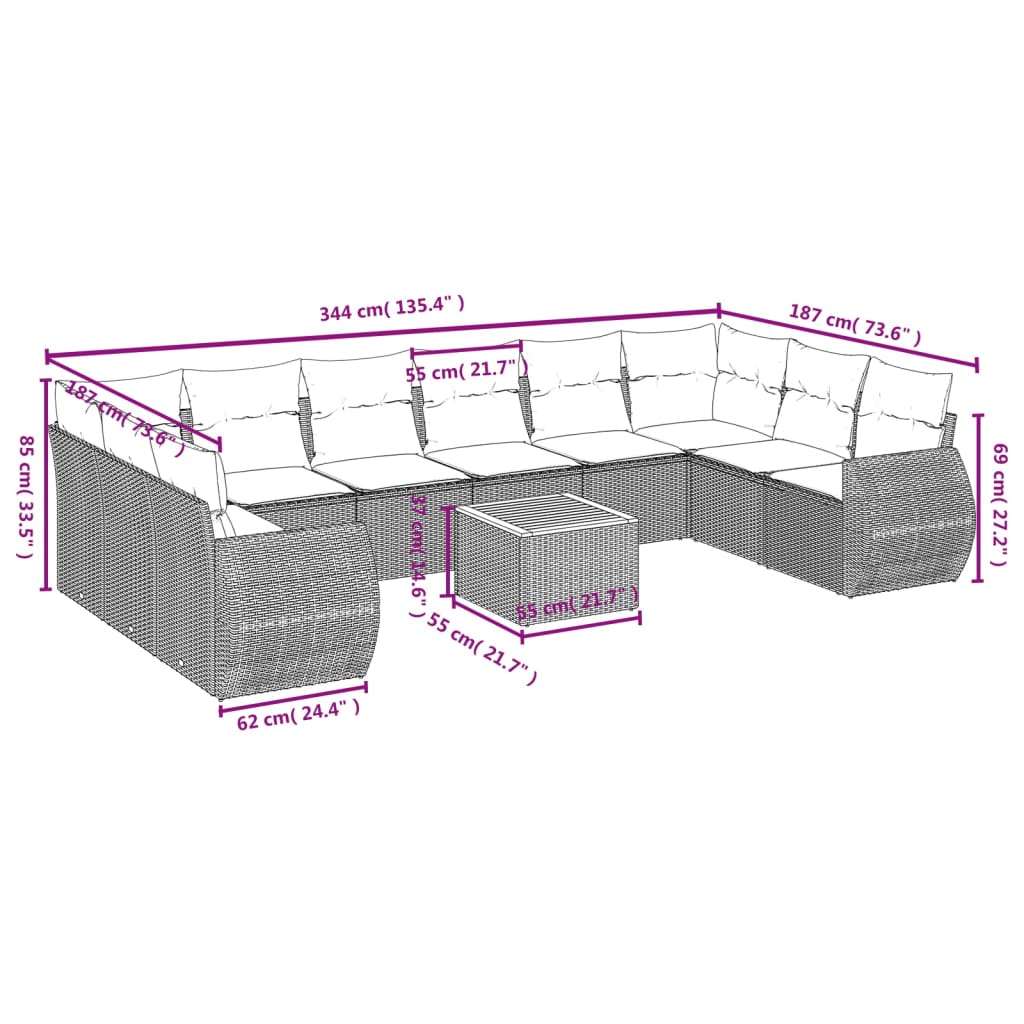 11-delige Loungeset met kussens poly rattan grijs is nu te koop bij PeponiXL, paradijselijk wonen!