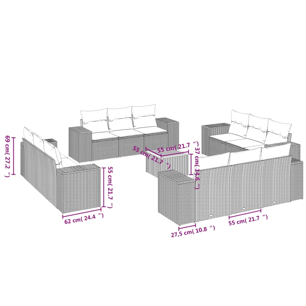 13-delige Loungeset met kussens poly rattan zwart is nu te koop bij PeponiXL, paradijselijk wonen!