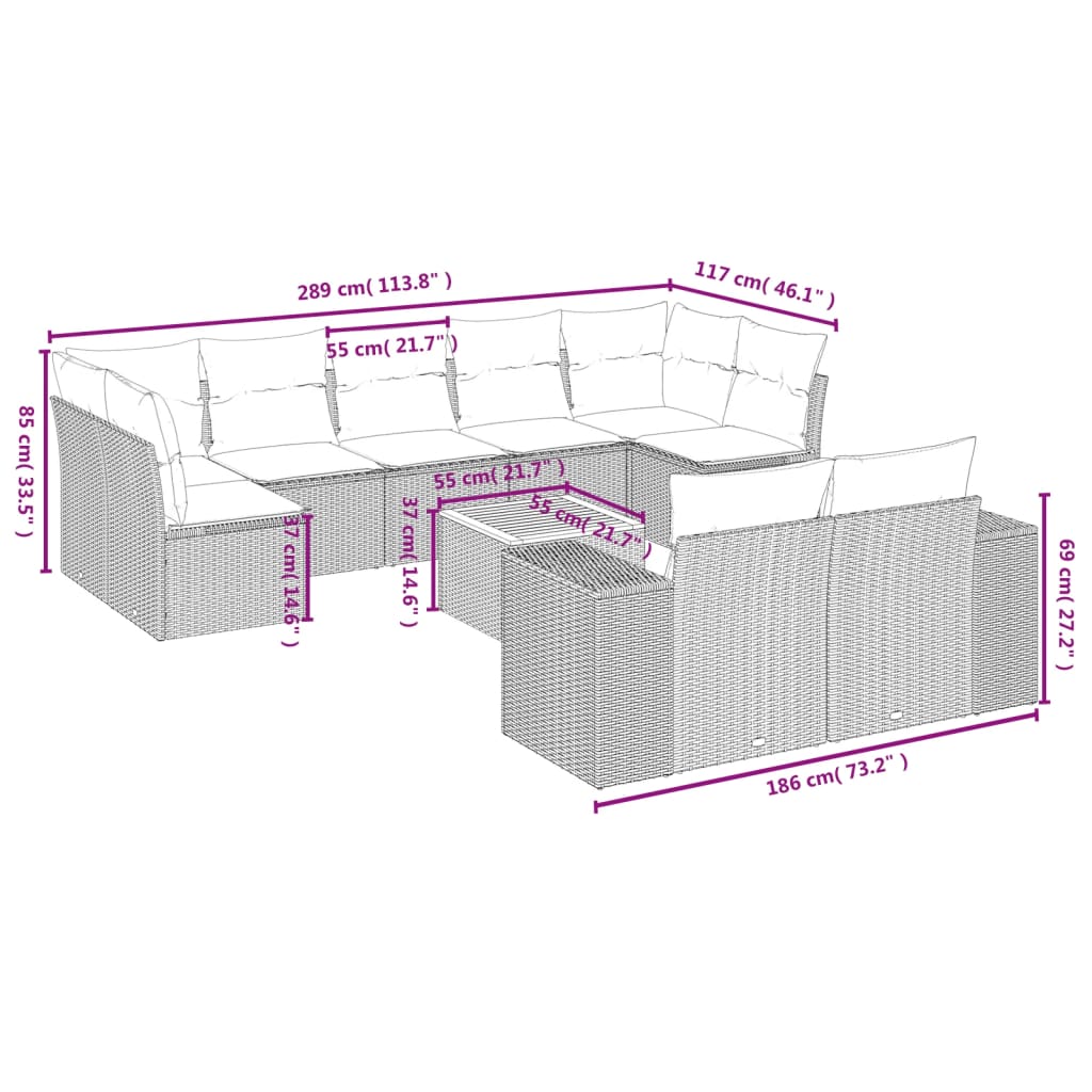 10-delige Loungeset met kussens poly rattan grijs is nu te koop bij PeponiXL, paradijselijk wonen!