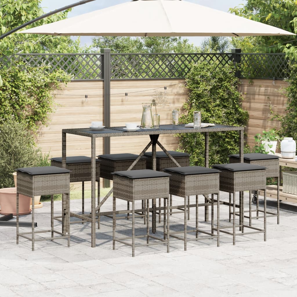 9-delige Tuinbarset met kussens poly rattan grijs is nu te koop bij PeponiXL, paradijselijk wonen!
