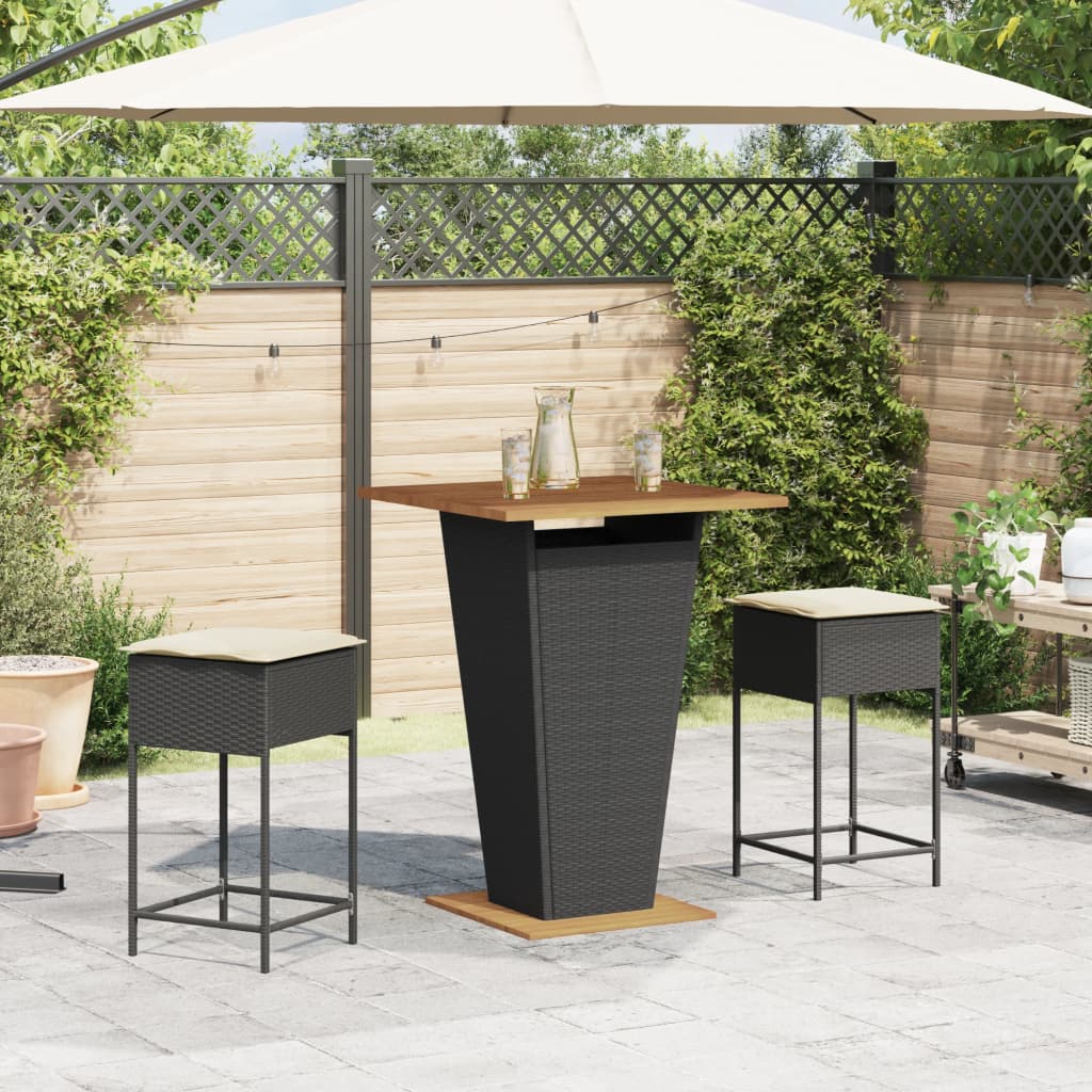 3-delige Tuinbarset met kussens poly rattan zwart
