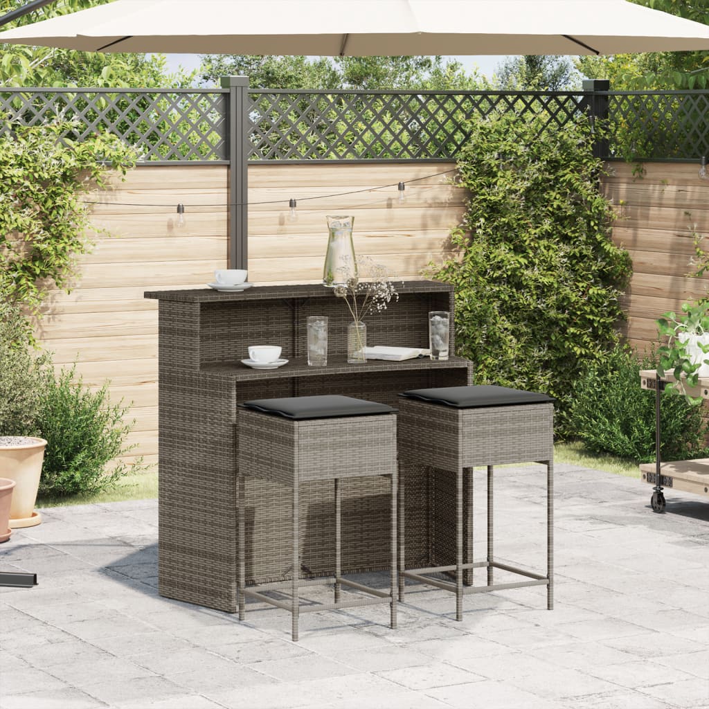 3-delige Tuinbarset met kussens poly rattan grijs is nu te koop bij PeponiXL, paradijselijk wonen!