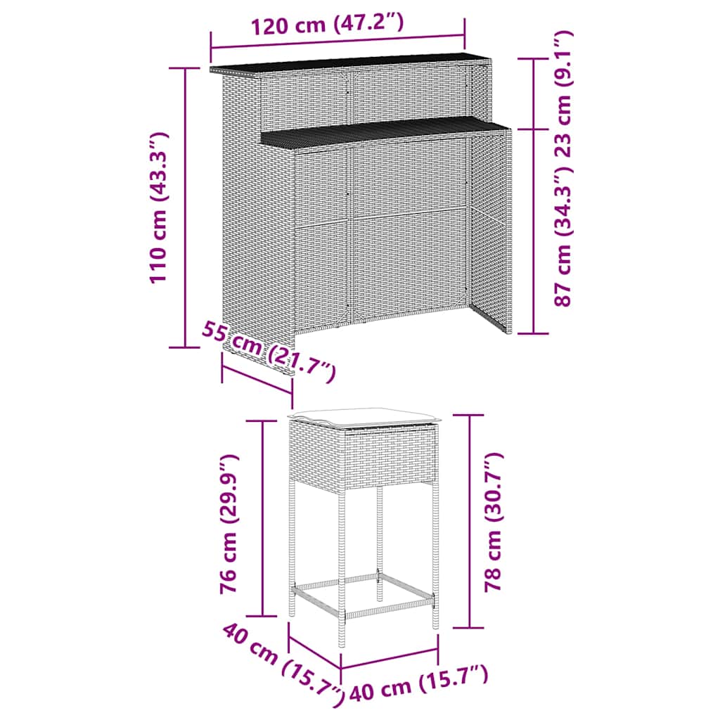 3-delige Tuinbarset met kussens poly rattan grijs is nu te koop bij PeponiXL, paradijselijk wonen!