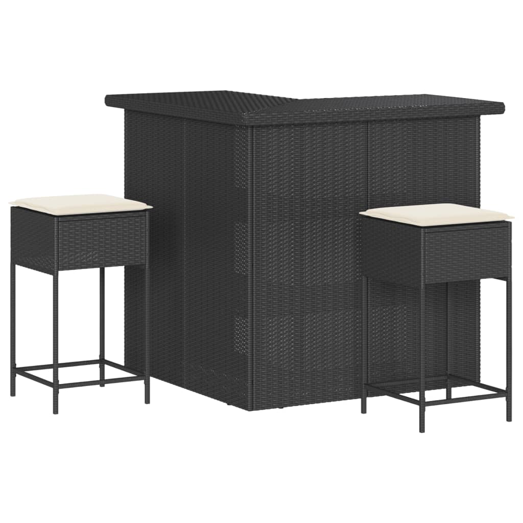 3-delige Tuinbarset met kussens poly rattan zwart