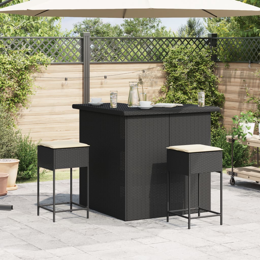 3-delige Tuinbarset met kussens poly rattan zwart