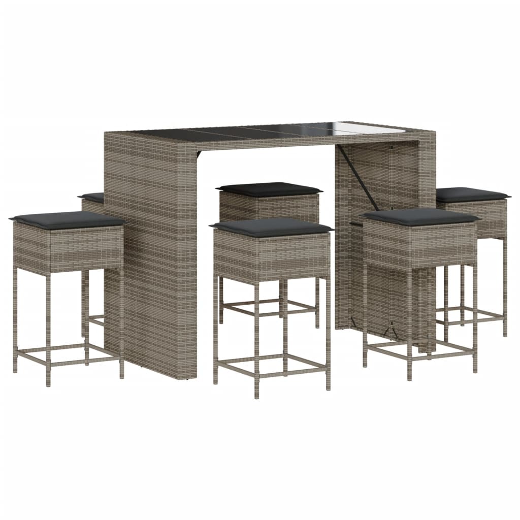 7-delige Tuinbarset met kussens poly rattan grijs