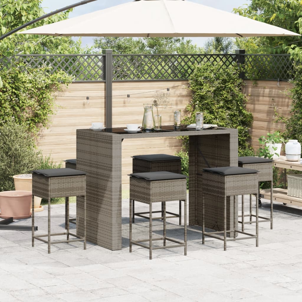 7-delige Tuinbarset met kussens poly rattan grijs
