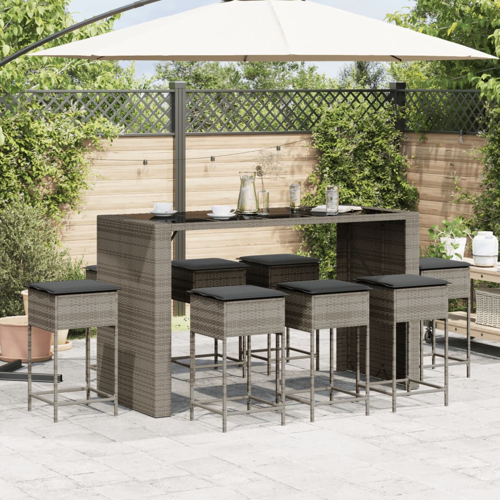 9-delige Tuinbarset met kussens poly rattan grijs is nu te koop bij PeponiXL, paradijselijk wonen!