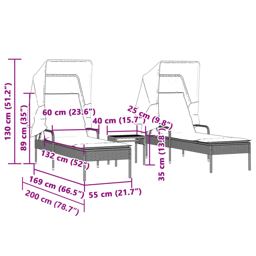 Ligbedden 2 st met luifels en tafel poly rattan grijs is nu te koop bij PeponiXL, paradijselijk wonen!