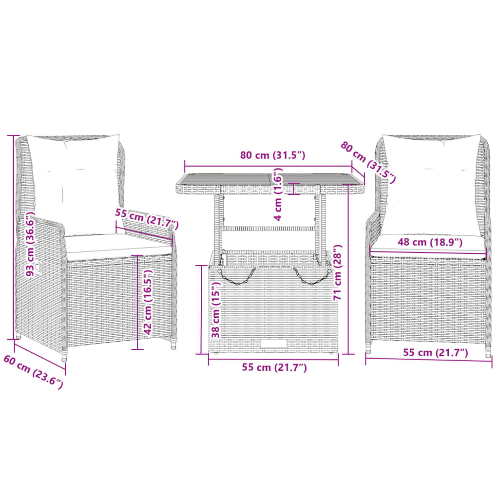 3-delige Bistroset met kussens poly rattan grijs is nu te koop bij PeponiXL, paradijselijk wonen!