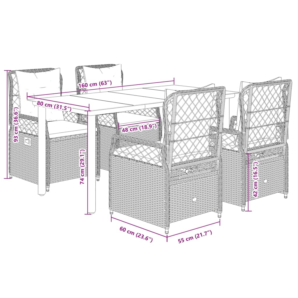 5-delige Tuinset met kussens poly rattan grijs