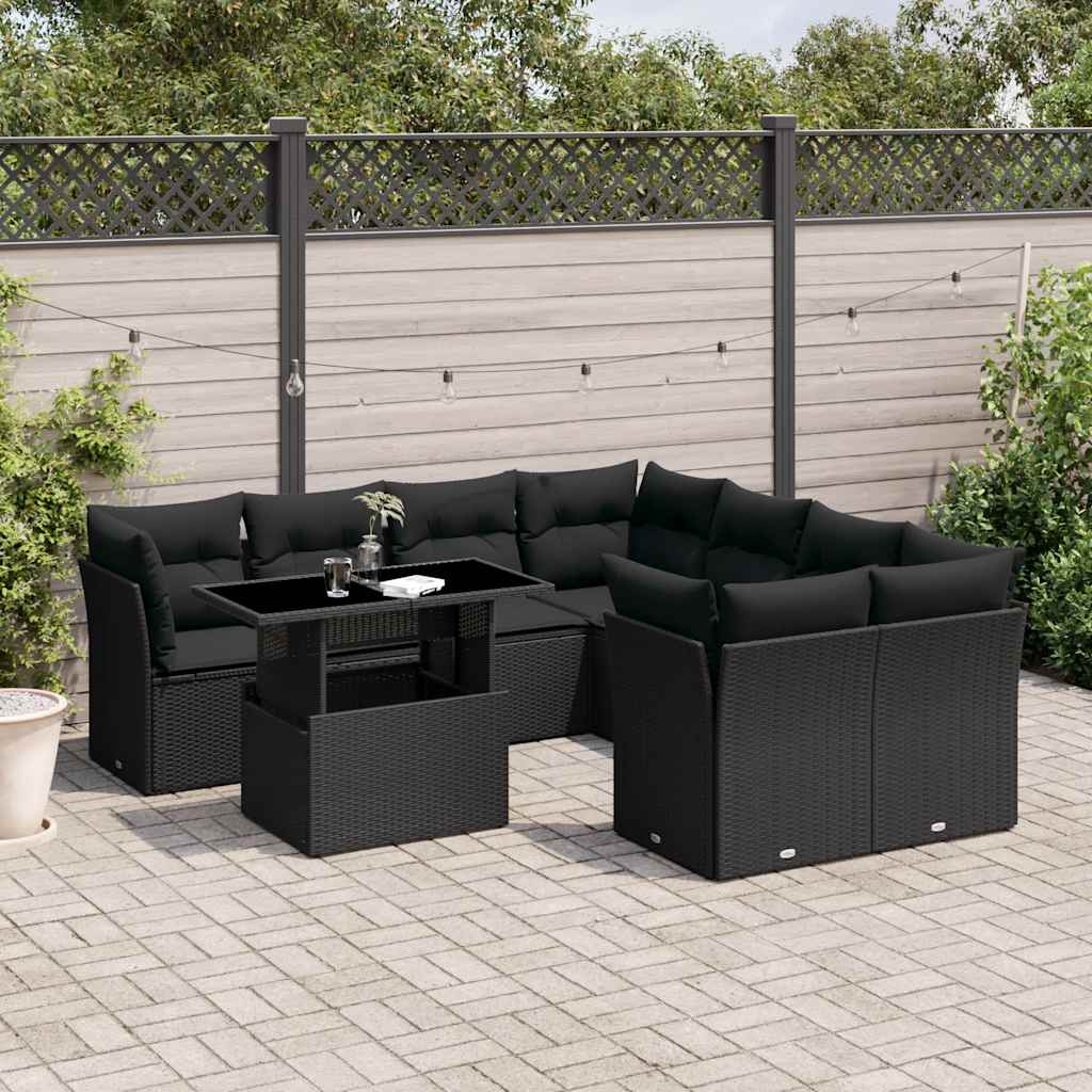 9-delige Loungeset met kussens poly rattan zwart is nu te koop bij PeponiXL, paradijselijk wonen!