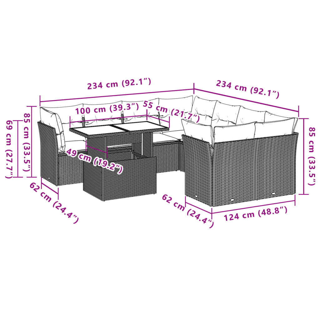 9-delige Loungeset met kussens poly rattan grijs is nu te koop bij PeponiXL, paradijselijk wonen!
