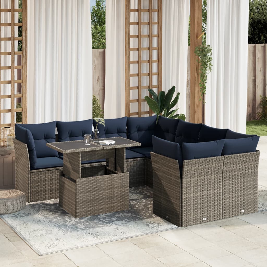 9-delige tuinbankset met kussens, grijs polyrotan is nu te koop bij PeponiXL, paradijselijk wonen!
