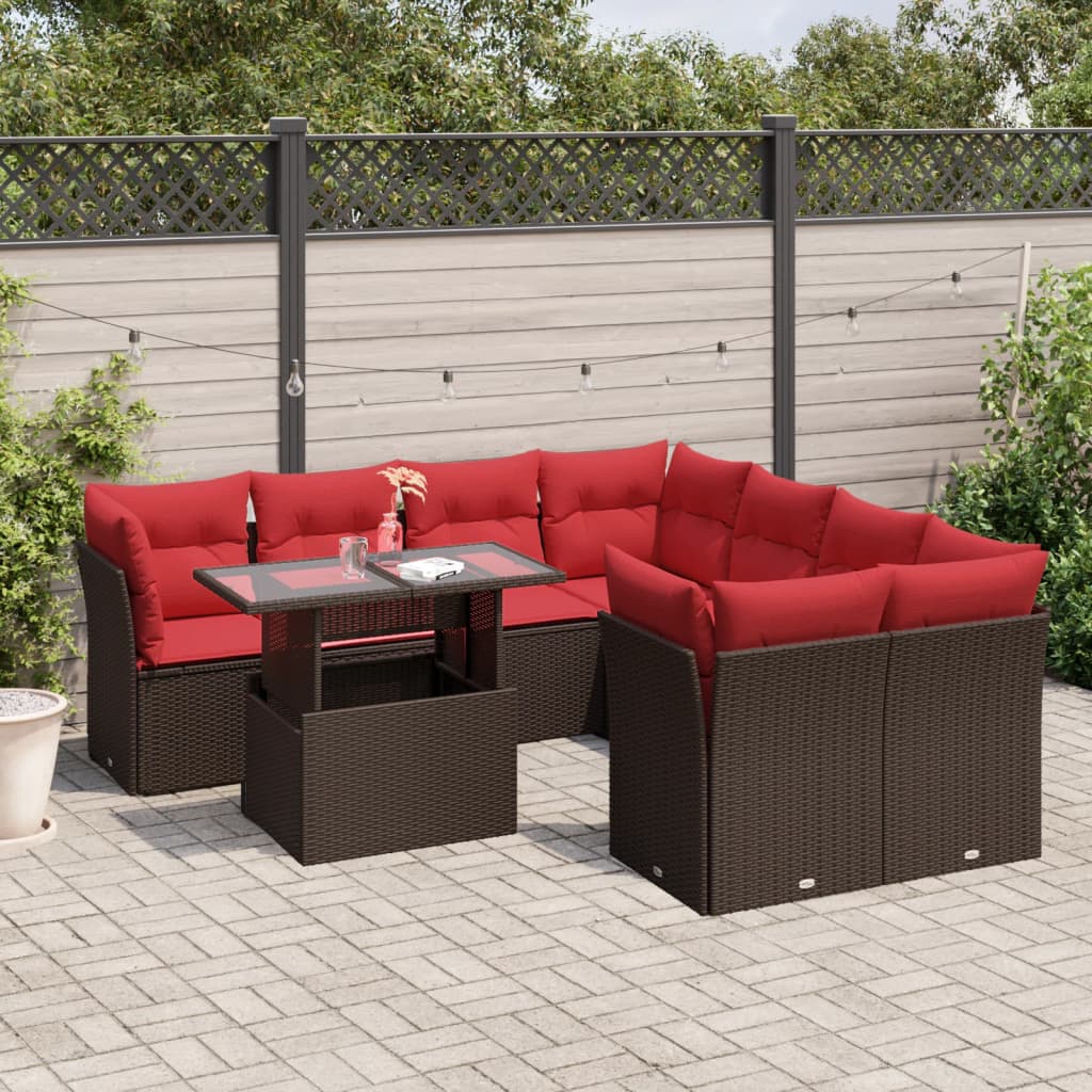 9-delige tuinbankset met kussens, bruin polyrotan is nu te koop bij PeponiXL, paradijselijk wonen!
