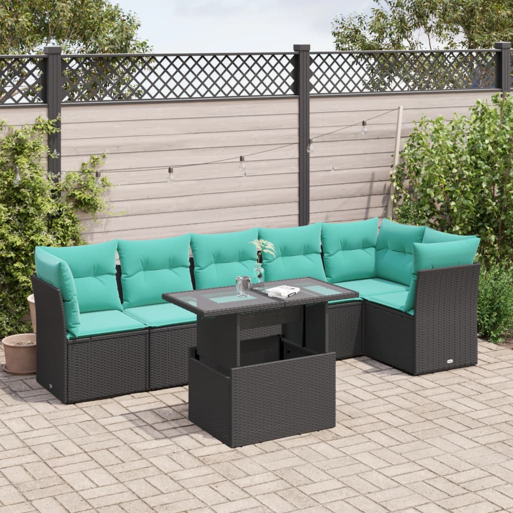 7-delige tuinbankset met kussens van zwart polyrotan is nu te koop bij PeponiXL, paradijselijk wonen!