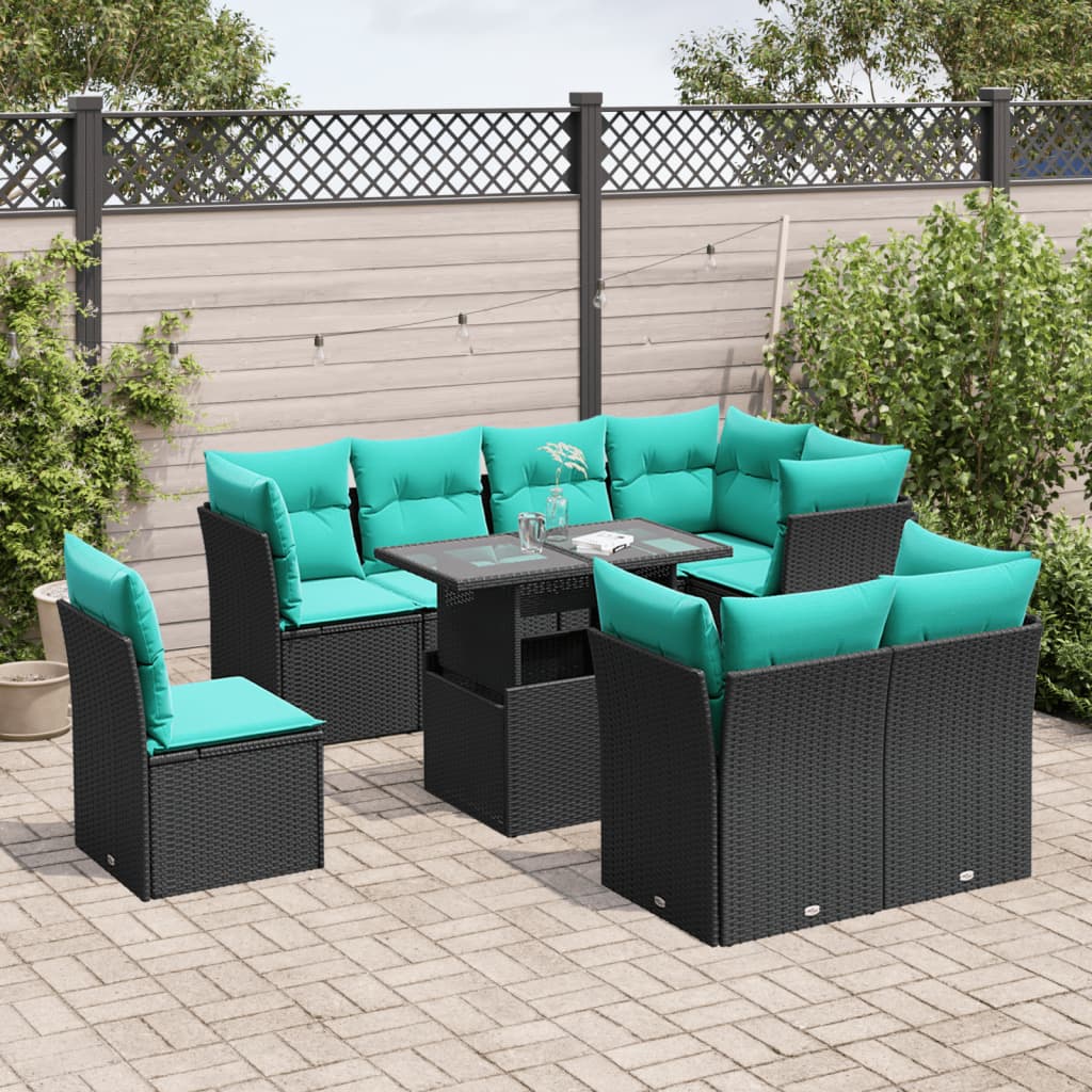 9-delige tuinbankset met kussens van zwart polyrotan is nu te koop bij PeponiXL, paradijselijk wonen!