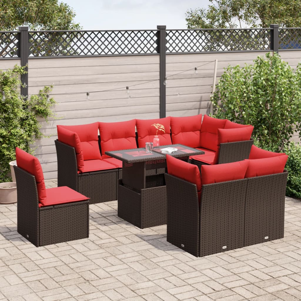 9-delige tuinbankset met kussens, bruin polyrotan is nu te koop bij PeponiXL, paradijselijk wonen!