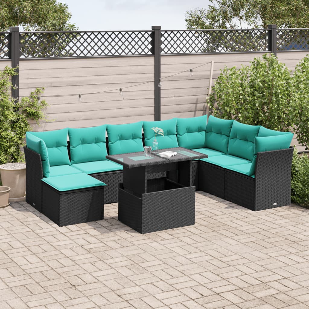 9-delige tuinbankset met kussens van zwart polyrotan is nu te koop bij PeponiXL, paradijselijk wonen!
