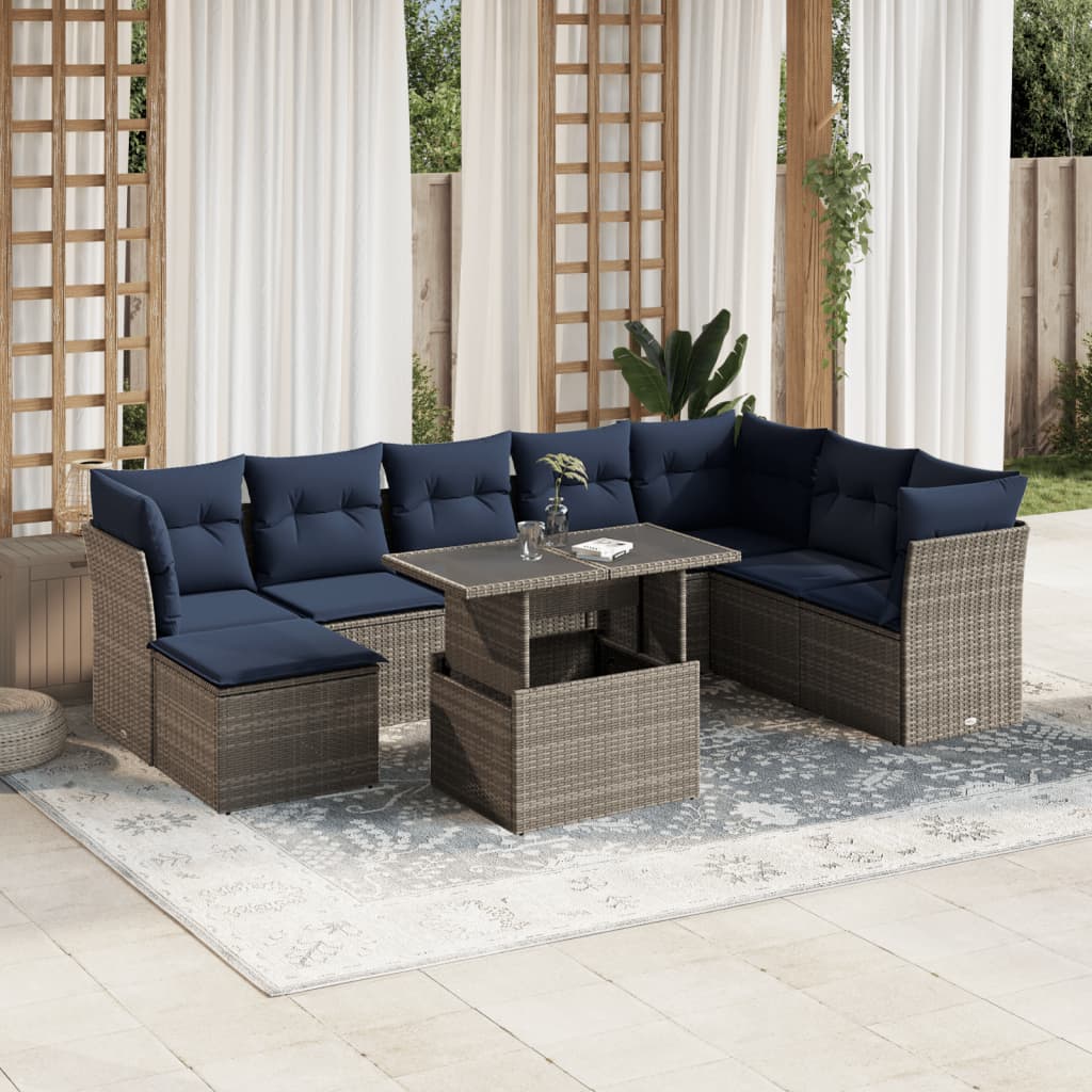 9-delige tuinbankset met kussens, grijs polyrotan is nu te koop bij PeponiXL, paradijselijk wonen!