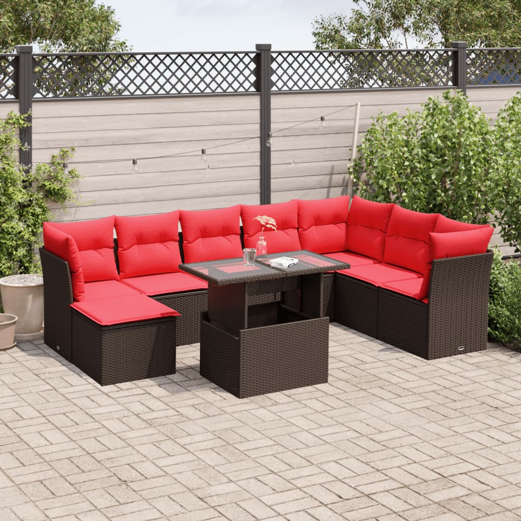 9-delige tuinbankset met kussens, bruin polyrotan is nu te koop bij PeponiXL, paradijselijk wonen!