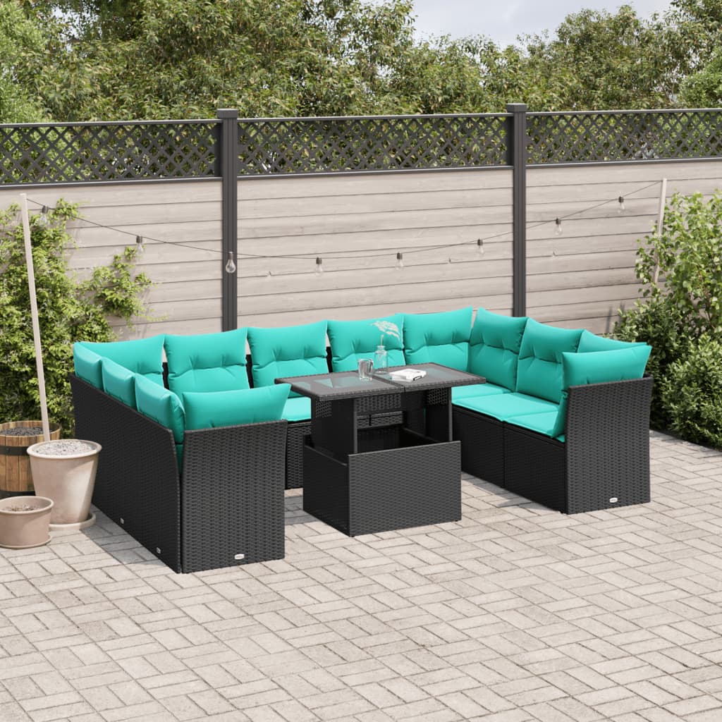 10-delige tuinbankset met kussens van zwart polyrotan is nu te koop bij PeponiXL, paradijselijk wonen!