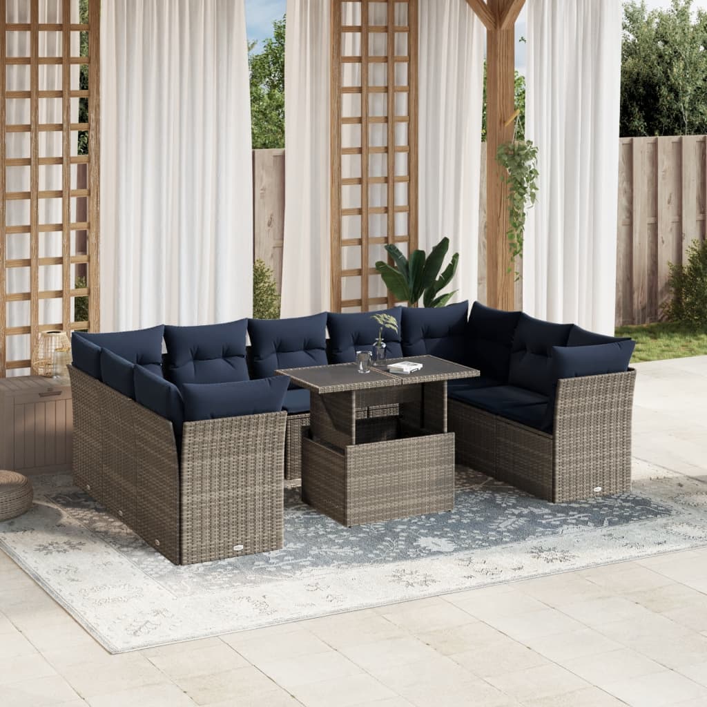 10-delige tuinbankset met kussens, grijs polyrotan is nu te koop bij PeponiXL, paradijselijk wonen!