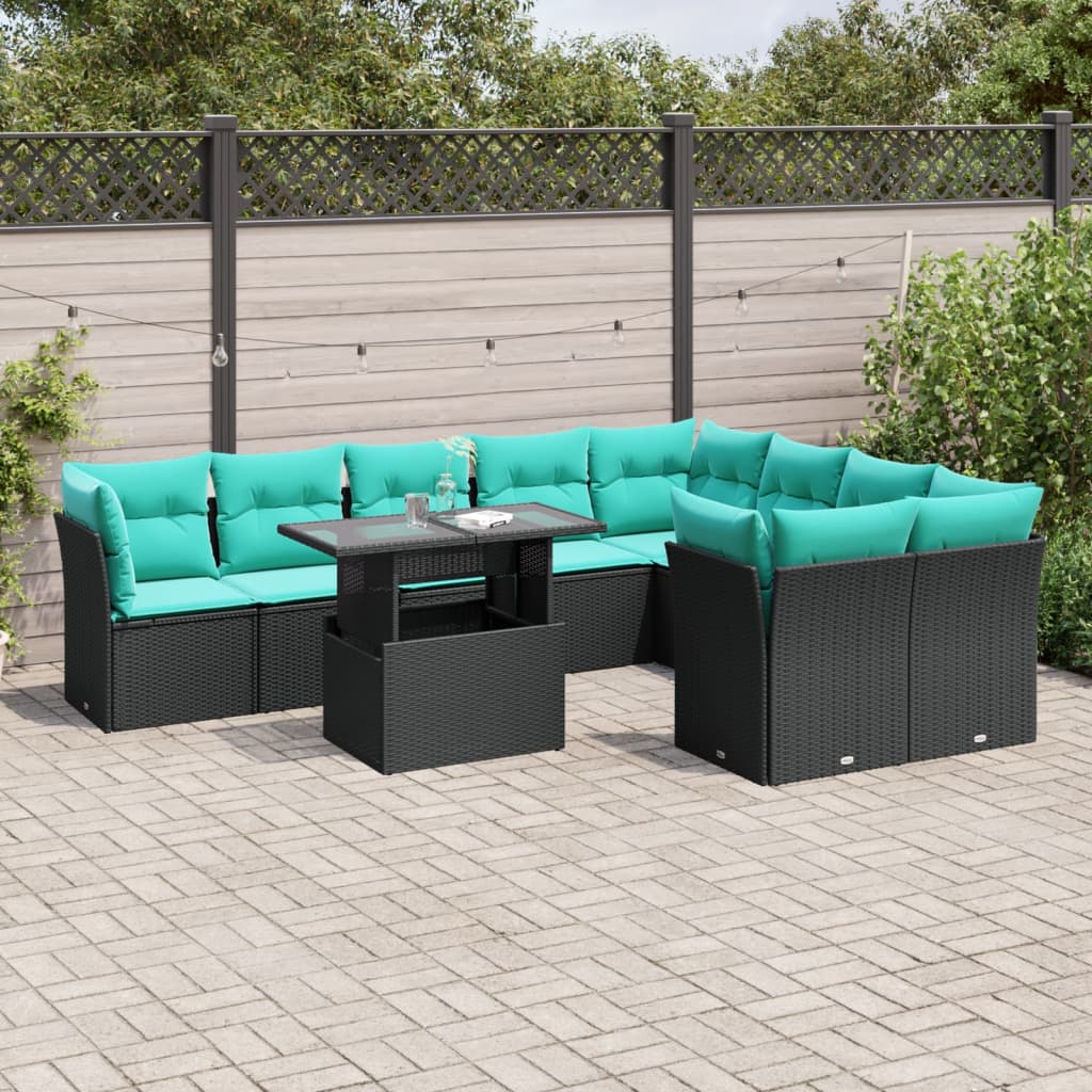 10-delige tuinbankset met kussens van zwart polyrotan is nu te koop bij PeponiXL, paradijselijk wonen!
