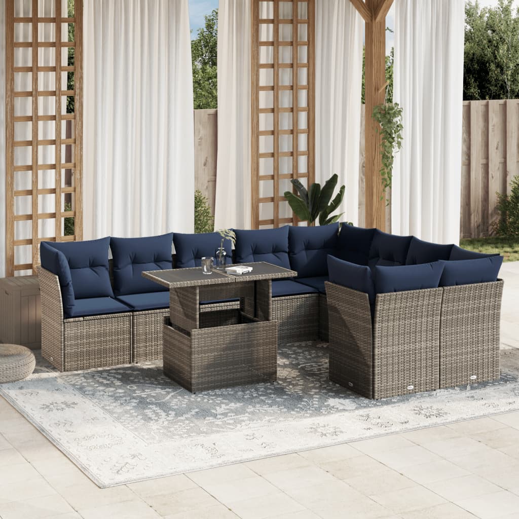 10-delige tuinbankset met kussens, grijs polyrotan is nu te koop bij PeponiXL, paradijselijk wonen!