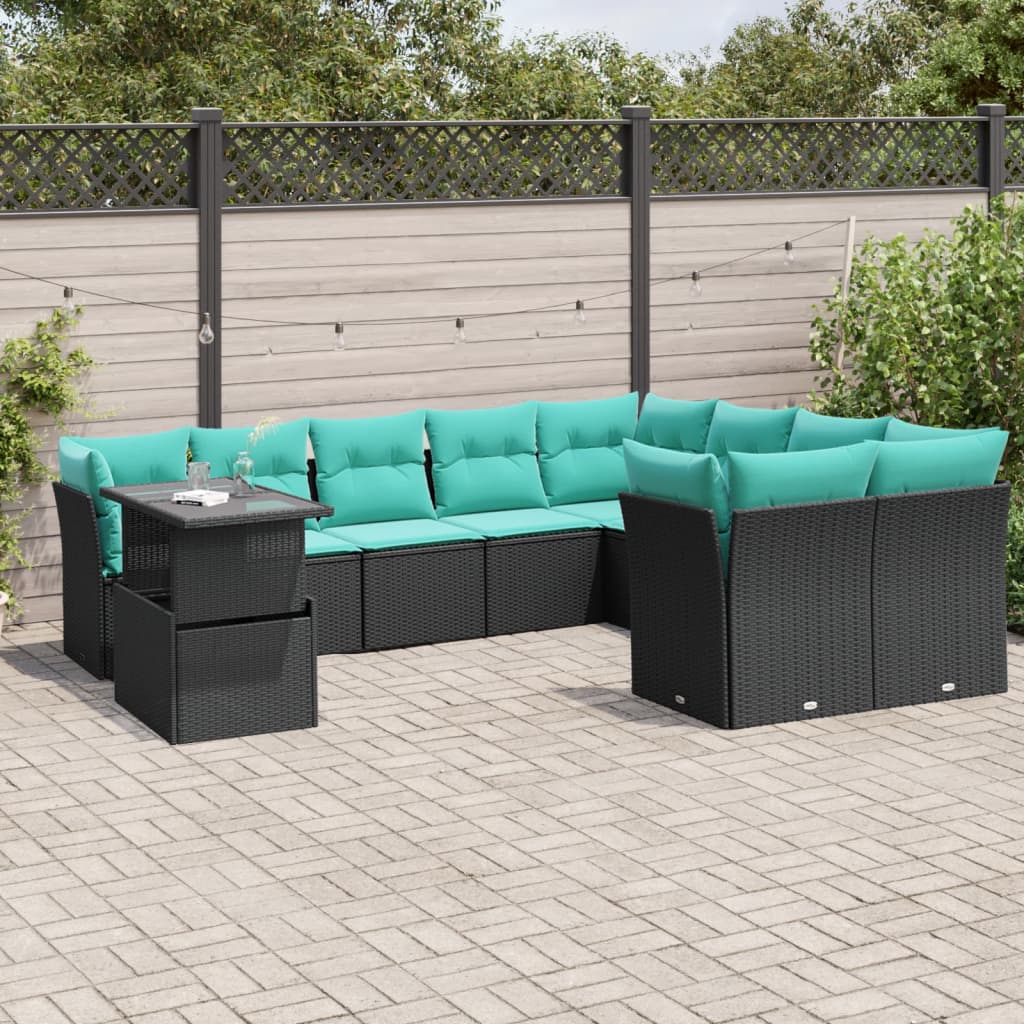 10-delige tuinbankset met kussens van zwart polyrotan is nu te koop bij PeponiXL, paradijselijk wonen!