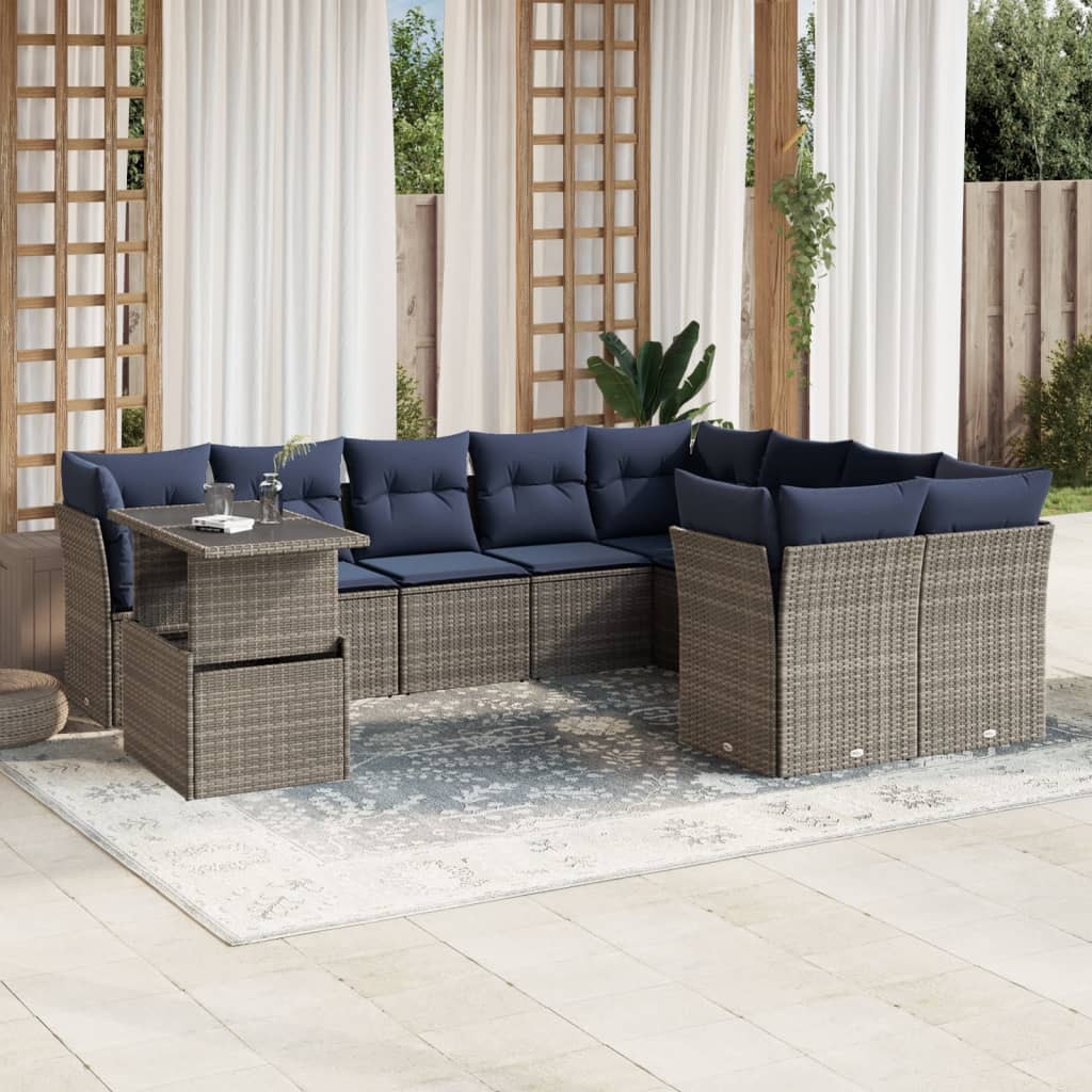 10-delige tuinbankset met kussens, grijs polyrotan is nu te koop bij PeponiXL, paradijselijk wonen!