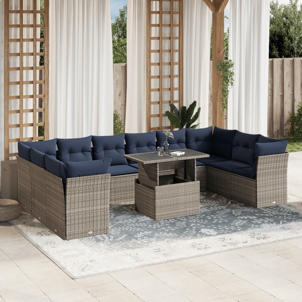 11-delige tuinbankset met kussens, grijs polyrotan is nu te koop bij PeponiXL, paradijselijk wonen!