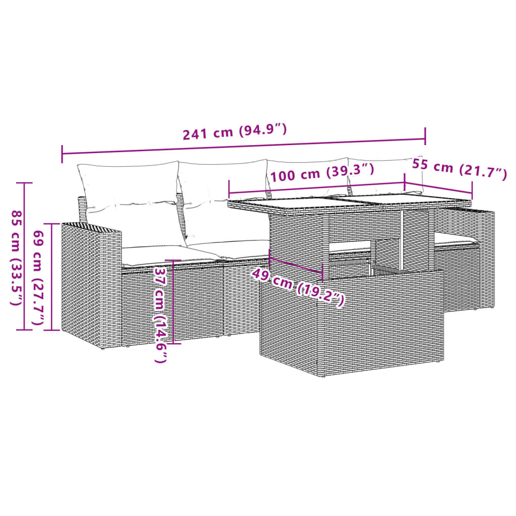 5-delige tuinbankset met kussens, grijs polyrotan is nu te koop bij PeponiXL, paradijselijk wonen!