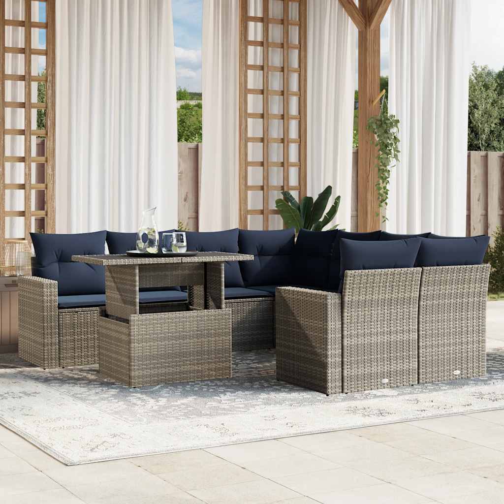9-delige tuinbankset met kussens, grijs polyrotan is nu te koop bij PeponiXL, paradijselijk wonen!