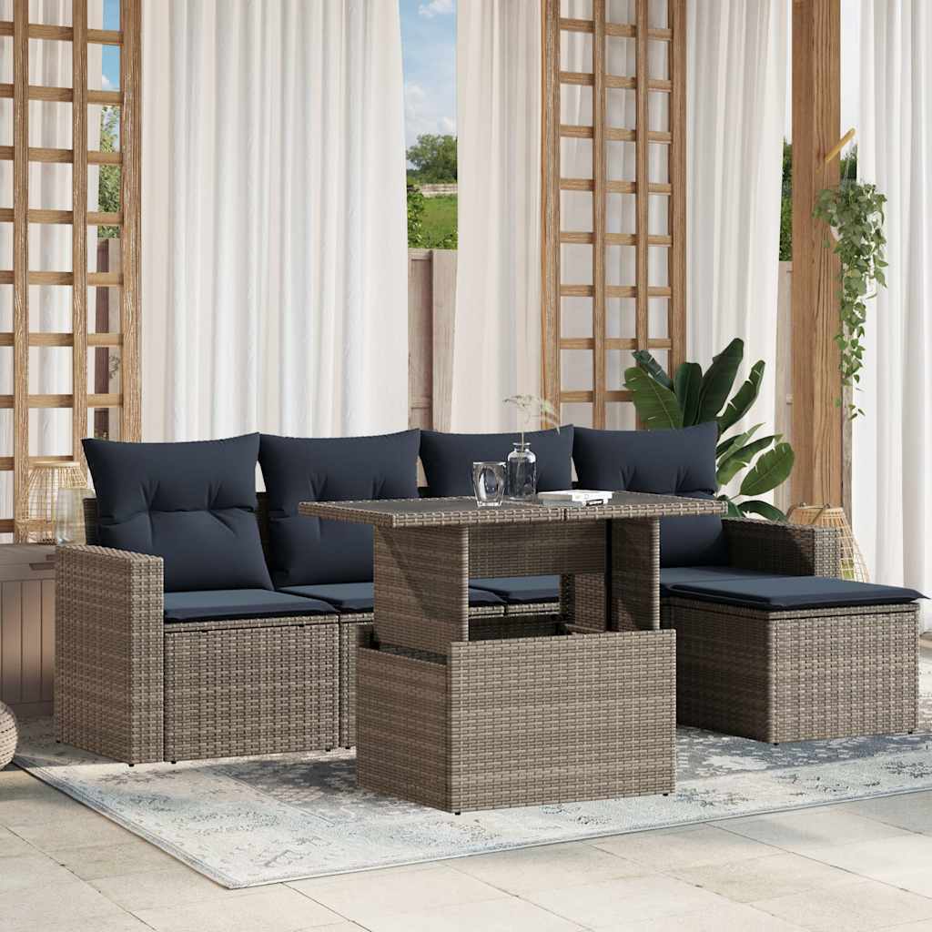 6-delige tuinbankset met kussens, grijs polyrotan is nu te koop bij PeponiXL, paradijselijk wonen!