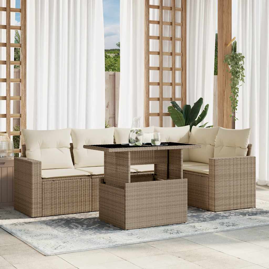 6-delige Loungeset met kussens poly rattan beige