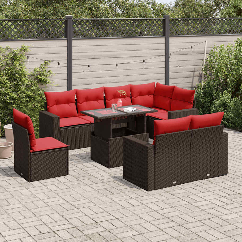 9-delige tuinbankset met kussens, bruin polyrotan is nu te koop bij PeponiXL, paradijselijk wonen!