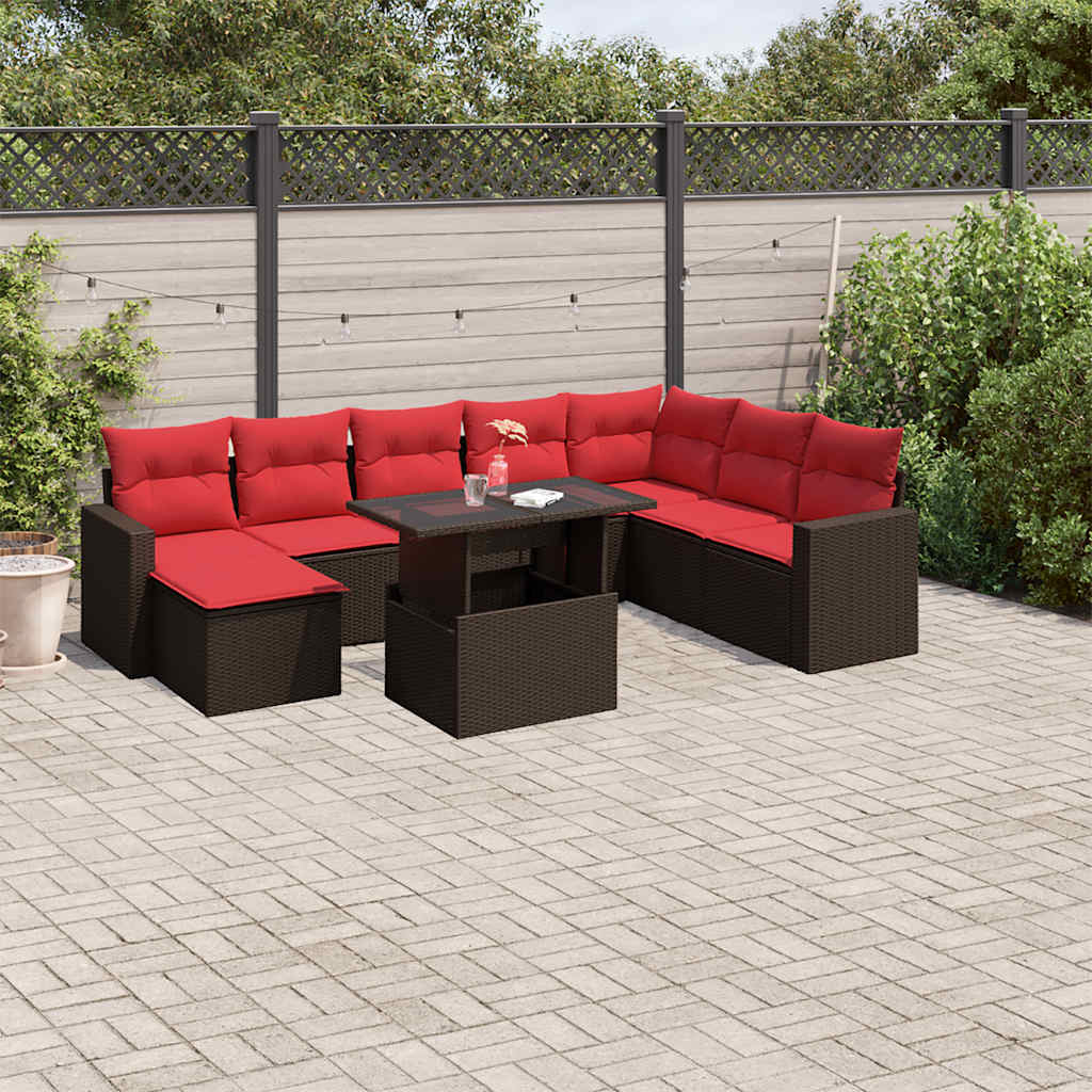 9-delige tuinbankset met kussens, bruin polyrotan is nu te koop bij PeponiXL, paradijselijk wonen!