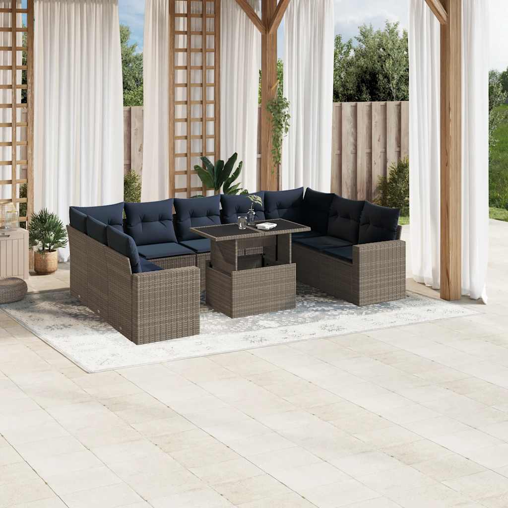 10-delige tuinbankset met kussens, grijs polyrotan is nu te koop bij PeponiXL, paradijselijk wonen!