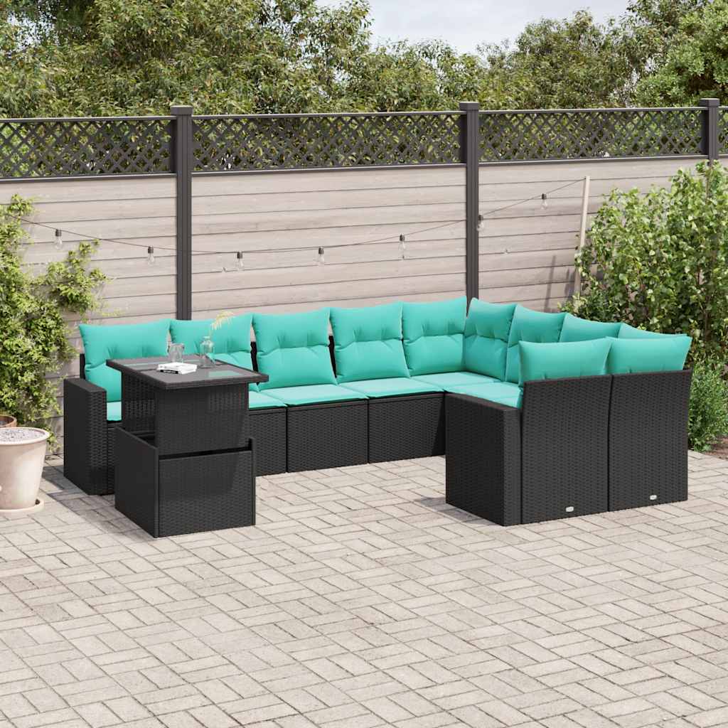10-delige tuinbankset met kussens van zwart polyrotan is nu te koop bij PeponiXL, paradijselijk wonen!