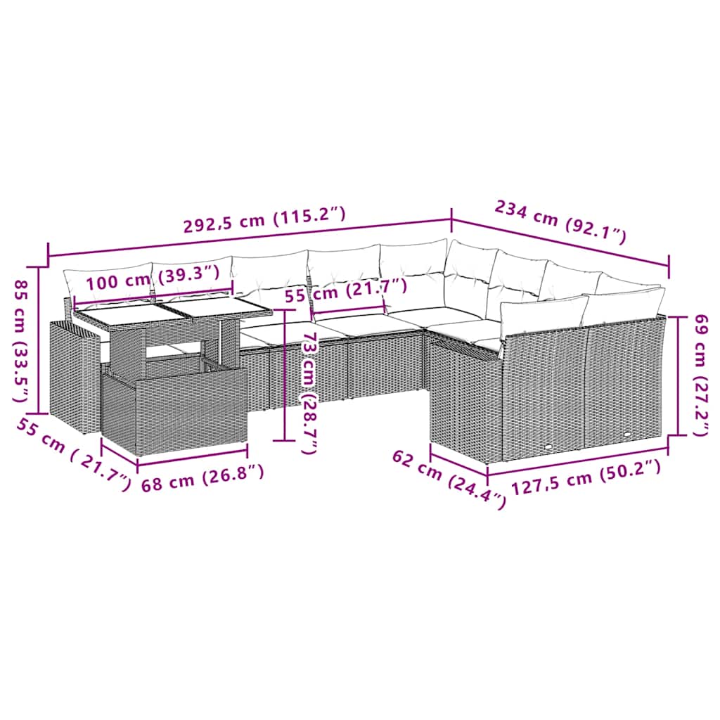 10-delige tuinbankset met kussens, grijs polyrotan is nu te koop bij PeponiXL, paradijselijk wonen!