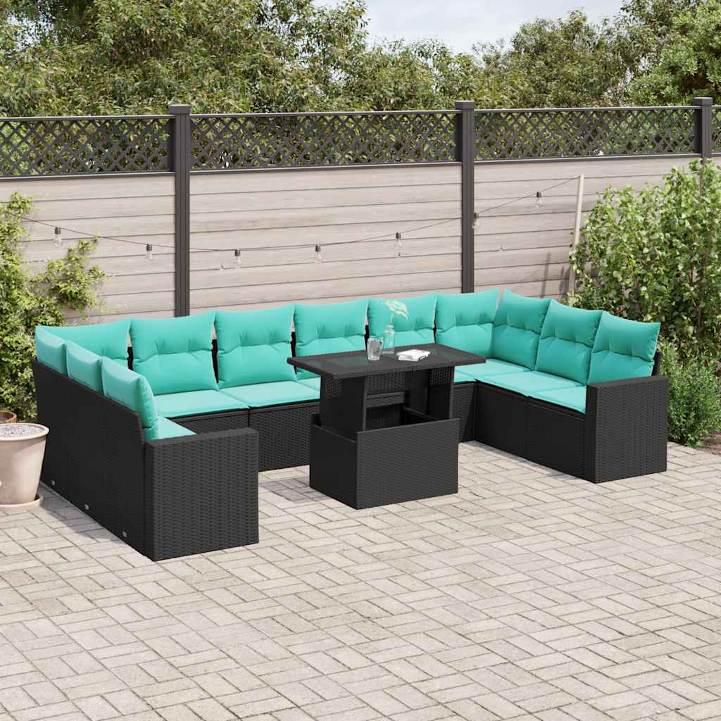 11-delige tuinbankset met kussens, zwart polyrotan is nu te koop bij PeponiXL, paradijselijk wonen!