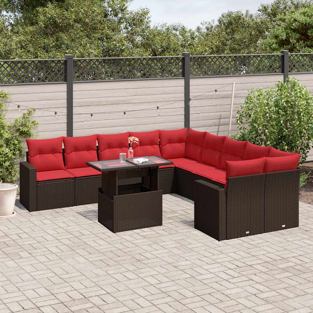 11-delige tuinbankset met kussens, bruin polyrotan is nu te koop bij PeponiXL, paradijselijk wonen!