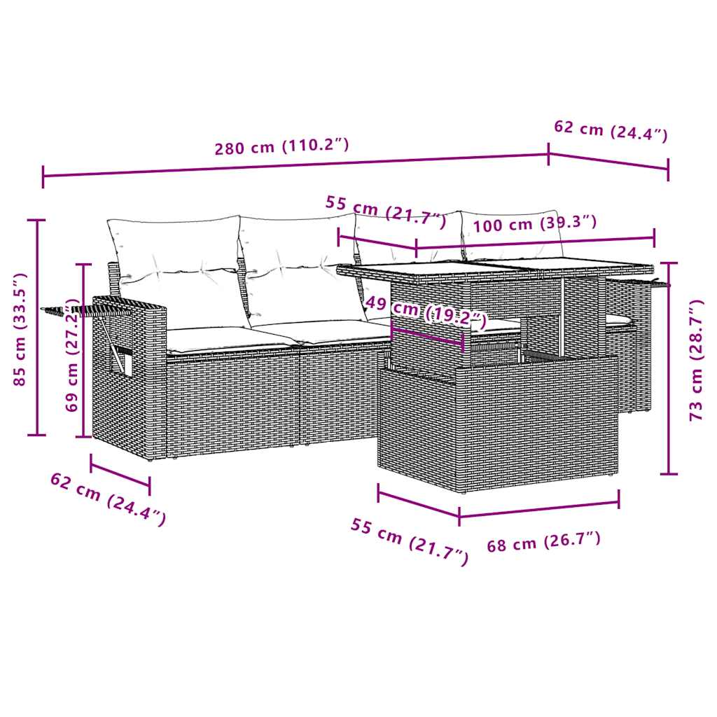 5-delige tuinbankset met kussens, grijs polyrotan is nu te koop bij PeponiXL, paradijselijk wonen!