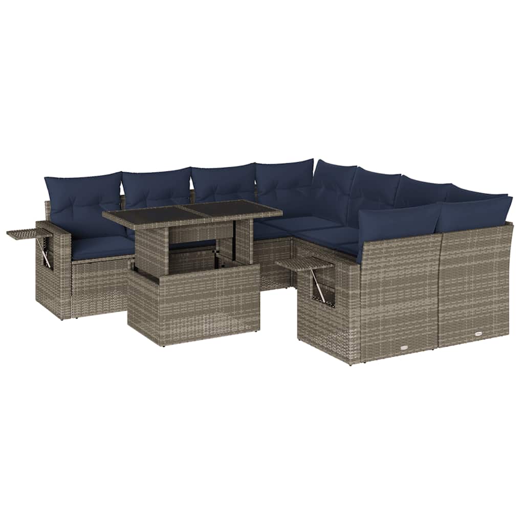 9-delige tuinbankset met kussens, grijs polyrotan is nu te koop bij PeponiXL, paradijselijk wonen!