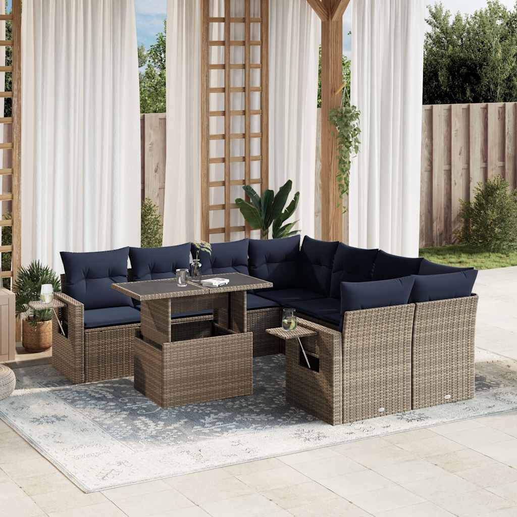 9-delige tuinbankset met kussens, grijs polyrotan is nu te koop bij PeponiXL, paradijselijk wonen!