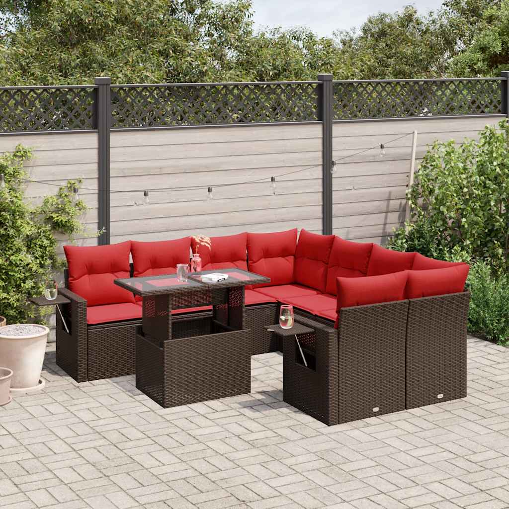 9-delige tuinbankset met kussens, bruin polyrotan is nu te koop bij PeponiXL, paradijselijk wonen!