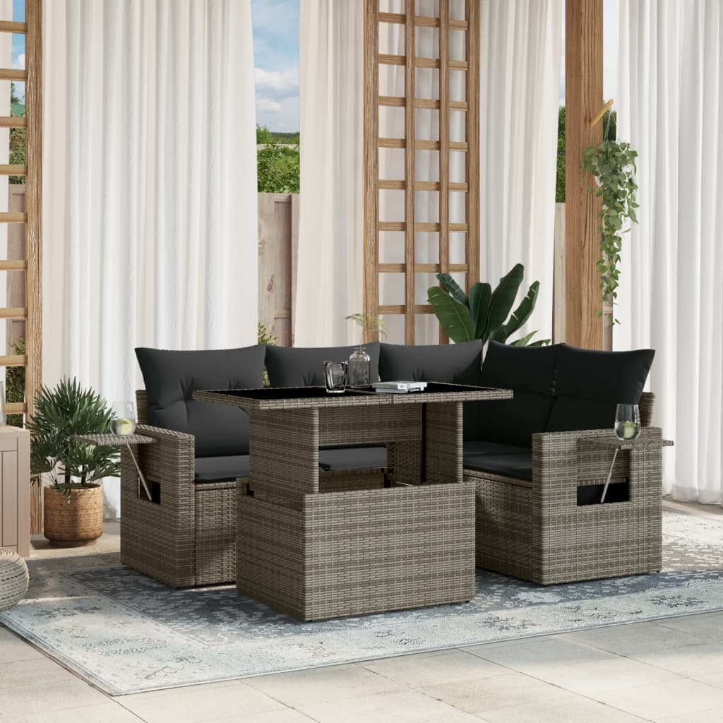 5-delige Loungeset met kussens poly rattan grijs is nu te koop bij PeponiXL, paradijselijk wonen!